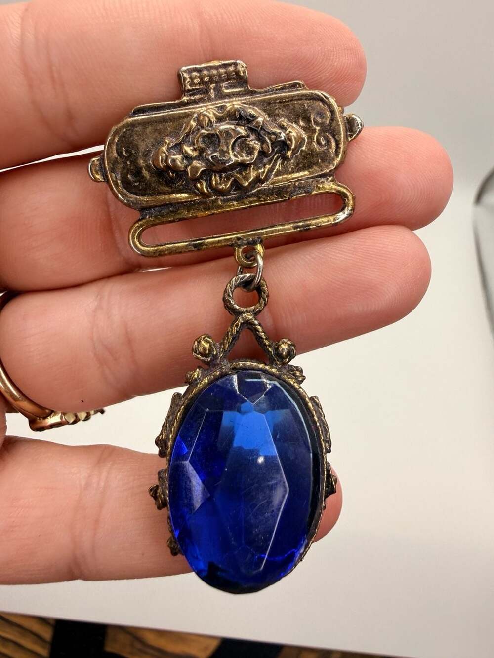 Vintage Brass Blue Acrylic Gemstone Dangle Brooch Pin